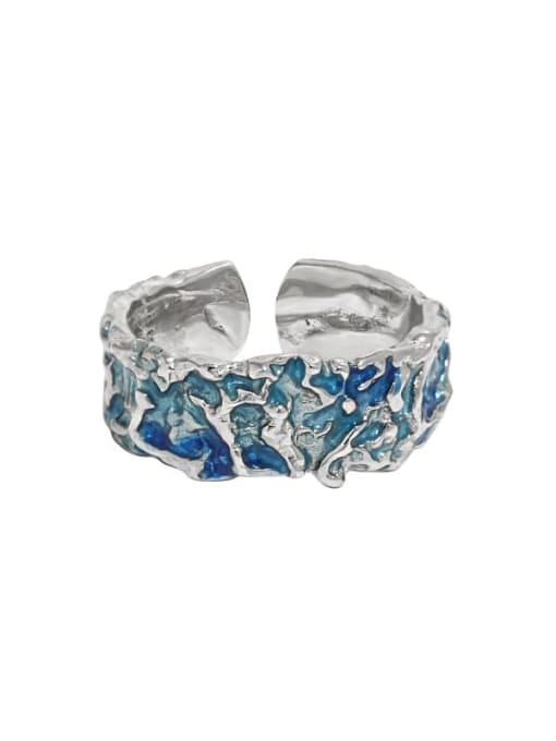 Platinum [blue drop glaze] 925 Sterling Silver Enamel Irregular Vintage Band Ring